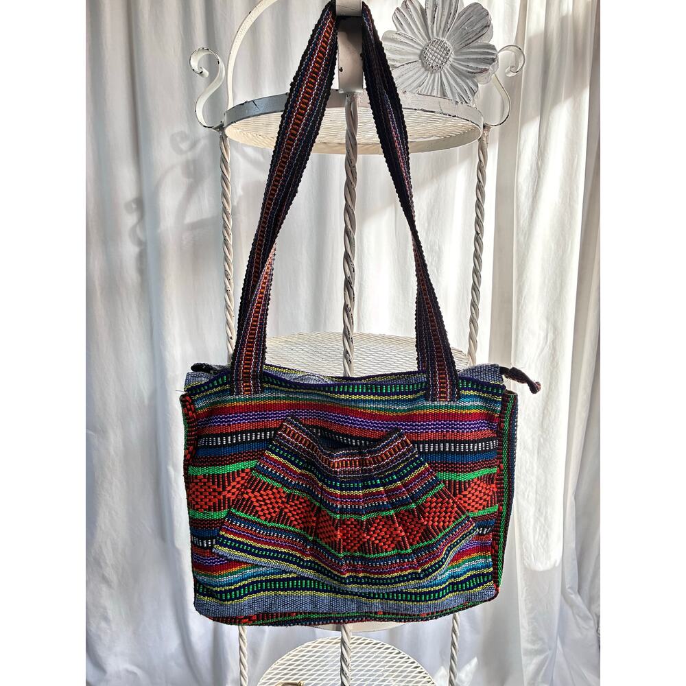 Artisan Colorful Mexico Boho Woven Textile Bag Zip Closure Fan Front Pocket